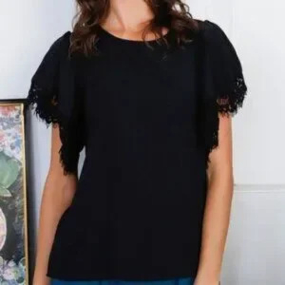 ZARA modern Black Lace Trim Detail Flowy Short Puff Sle